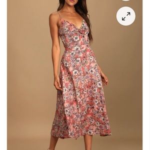 LULU’s Ties With You Rose Pink Floral Print Tie-Back Midi Dress- medium